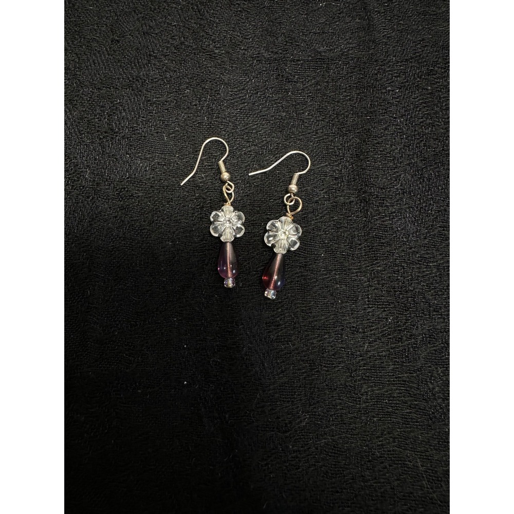 Glass Flower Drop Earrings Purple Iridescent Silver‎ Tone Floral - Picture 5 of 7